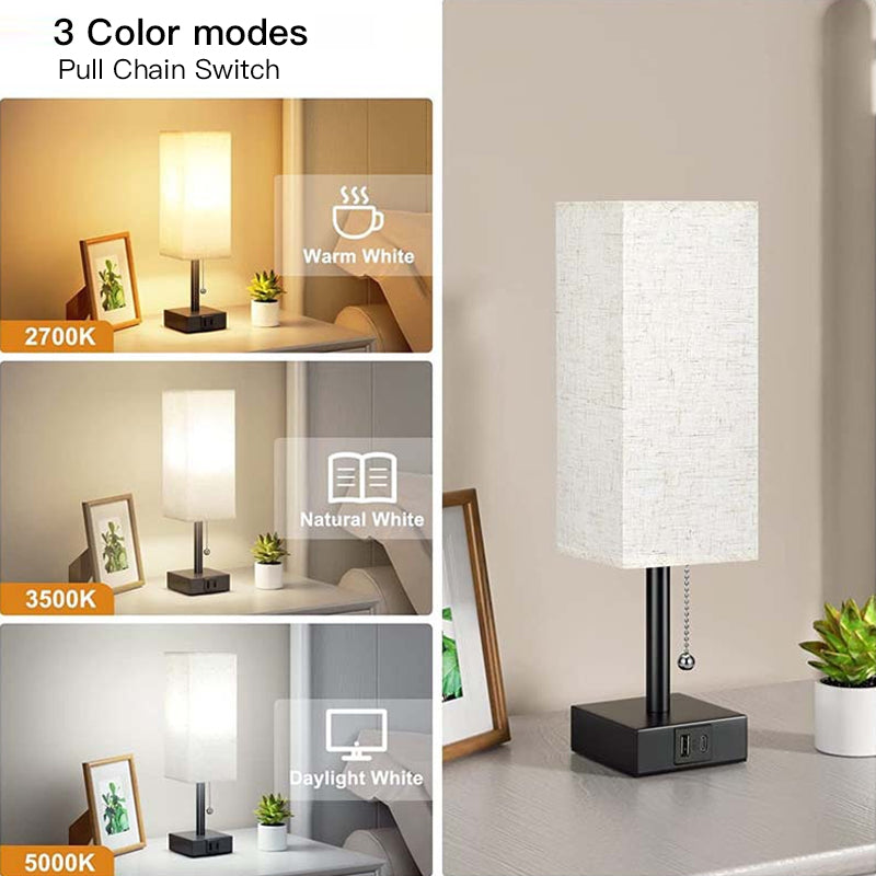 Table lamp with white shade and pull chain switch, shown in different dimmed settings.