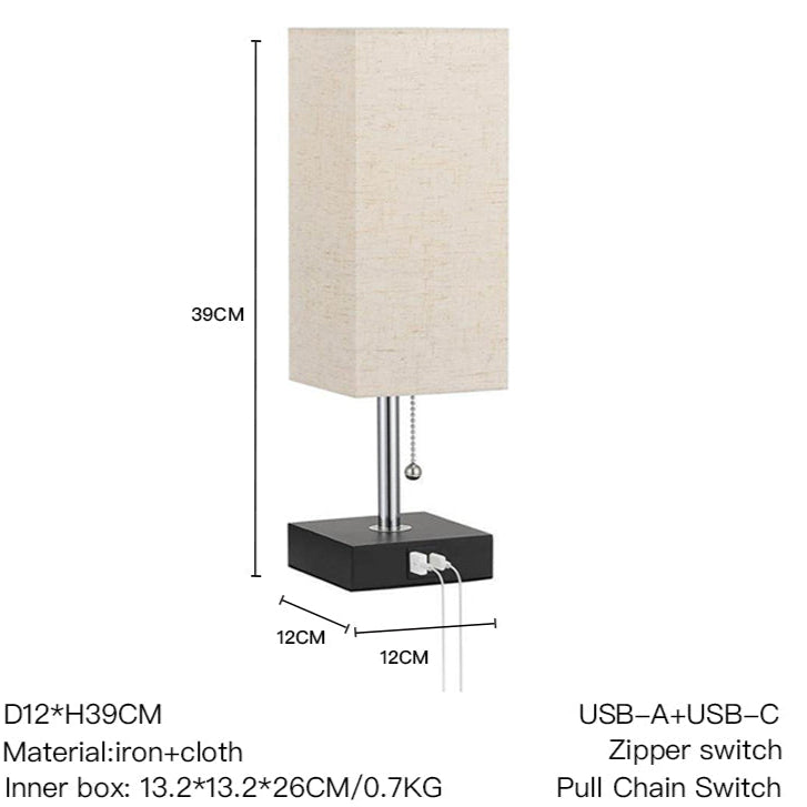 Table lamp with dimensions and specifications on a white background