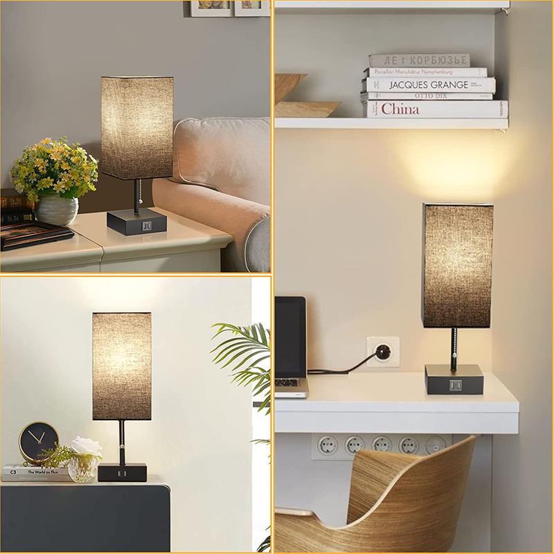 Black shade table lamp in various settings including a living room, office, and bedroom.