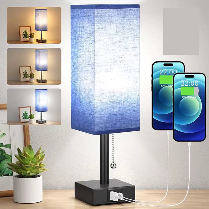 Blue LED table lamp with USB charging port on a wooden surface, surrounded by smartphone screens displaying time.