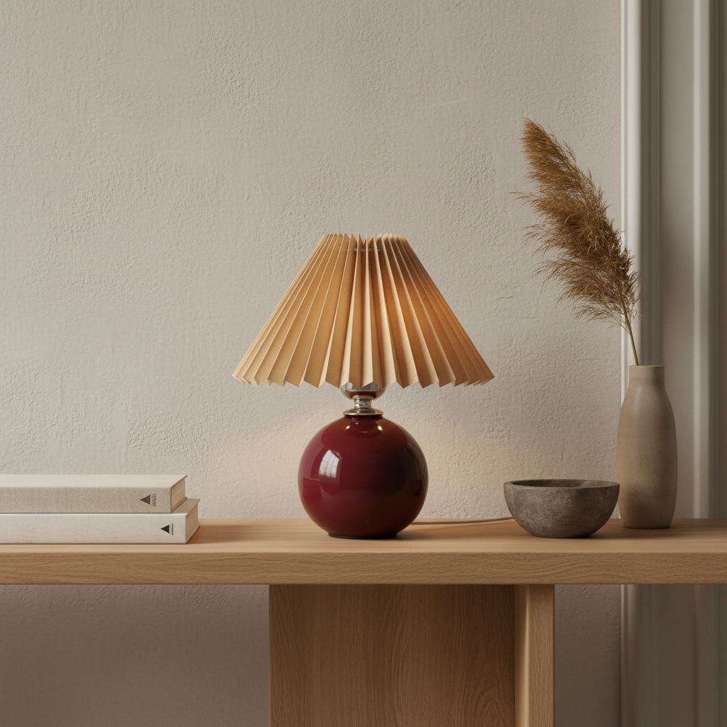 Decorative lamp with pleated shade on a wooden table against a neutral wall.