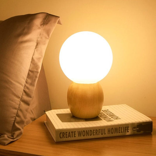 Wooden LED bedside lamp with sphere shade