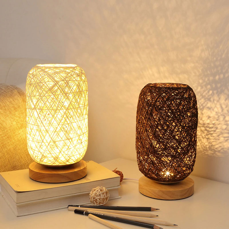 Rattan and wooden bedside lamp